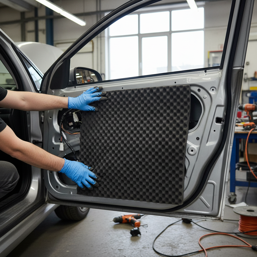 Technician installs Premium Sound Absorber 35mm Foam Sheet for High Frequency Noise Reduction and Echo Control on car door, enhancing soundproofing with acoustic insulation, noise reduction, and vibration damping in auto repair shop.