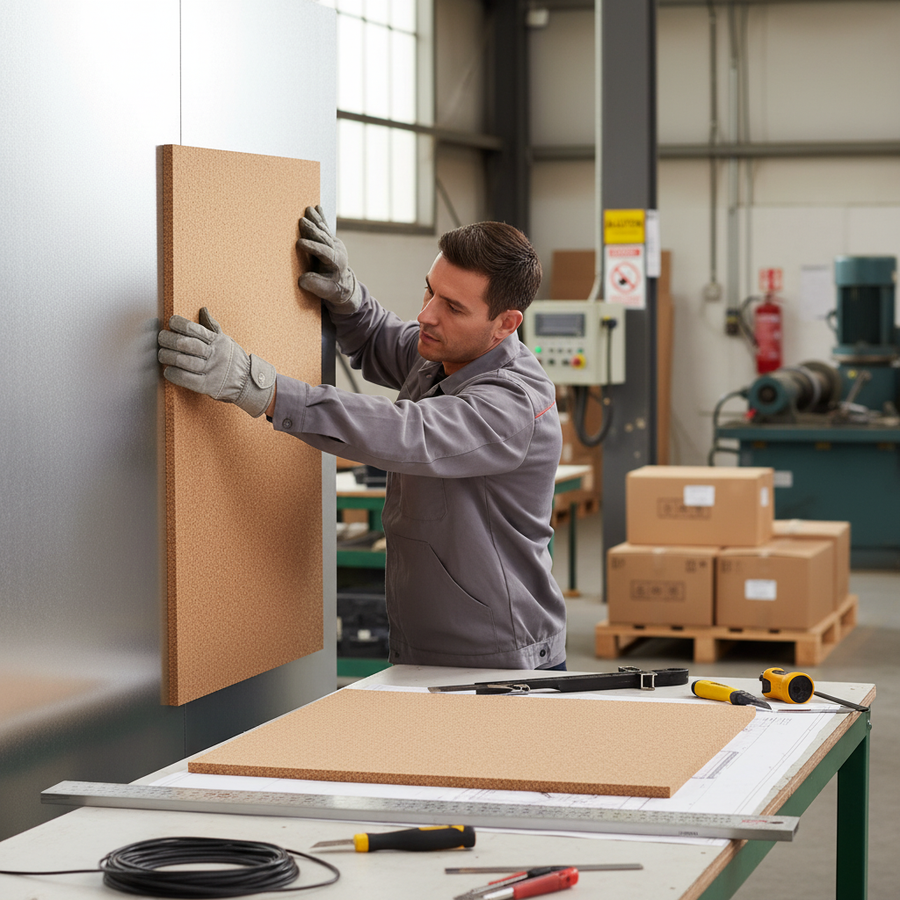 Man in workshop applies Premium Fine Grain Adhesive Cork Sheets - 915mm x 610mm - 3mm Thick - Pack of 2 for Wall Coverings and Pinboards, ideal for soundproofing and acoustic insulation, to metal surface.