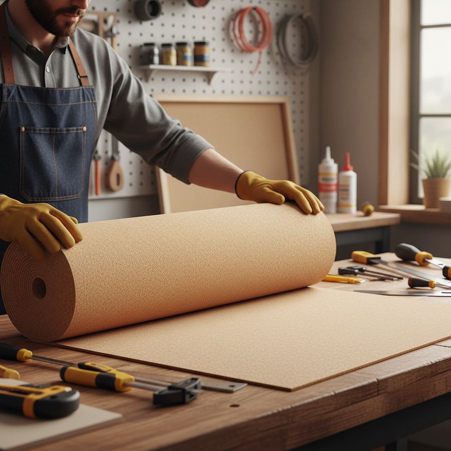 Person in denim apron unrolls Premium Fine Grain Large Cork Roll - 7m x 1m, 10mm Thick, Natural Moisture Resistant Material for Interior Walls on workbench, surrounded by tools, emphasizing soundproofing and acoustic applications.