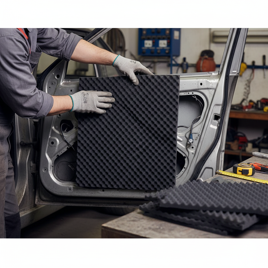 Person fitting Premium Sound Absorber Foam 35mm Thick - 2 Sheets for High Frequency Noise Reduction and Echo Control into car door, showcasing soundproof, acoustic, and noise reduction capabilities. Workbench with more foam and tools visible.
