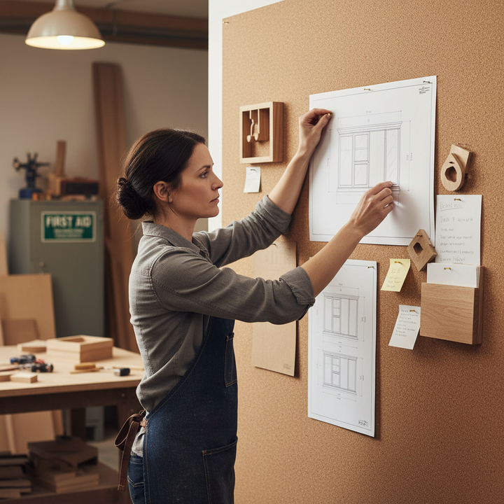 Woman in workshop pins technical drawings on a corkboard using Premium High Density Adhesive Cork Sheets 915mm x 610mm - 4mm Thick, Pack of 5, ideal for soundproof wall coverings and acoustic projects.