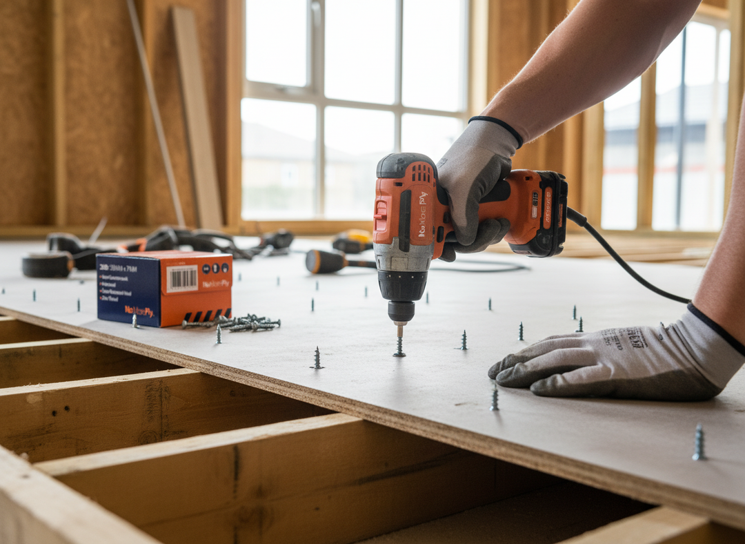 Close-up of installing subfloor using Premium Self-Drilling 25mm Screws with Free Drill Bit. Gloved hands with power drill secure plywood, ideal for soundproof and acoustic applications in construction.