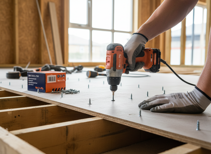 Close-up of installing subfloor using Premium Self-Drilling 25mm Screws with Free Drill Bit. Gloved hands with power drill secure plywood, ideal for soundproof and acoustic applications in construction.