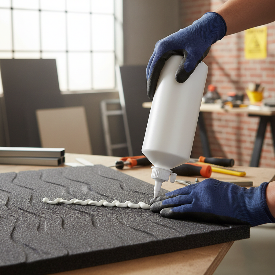 Close-up of hands in blue work gloves applying Professional Water Resistant PVA Glue - D3 Adhesive for Acoustic Panel Joints and MDF Applications on a black foam panel, ideal for soundproofing and acoustic insulation.