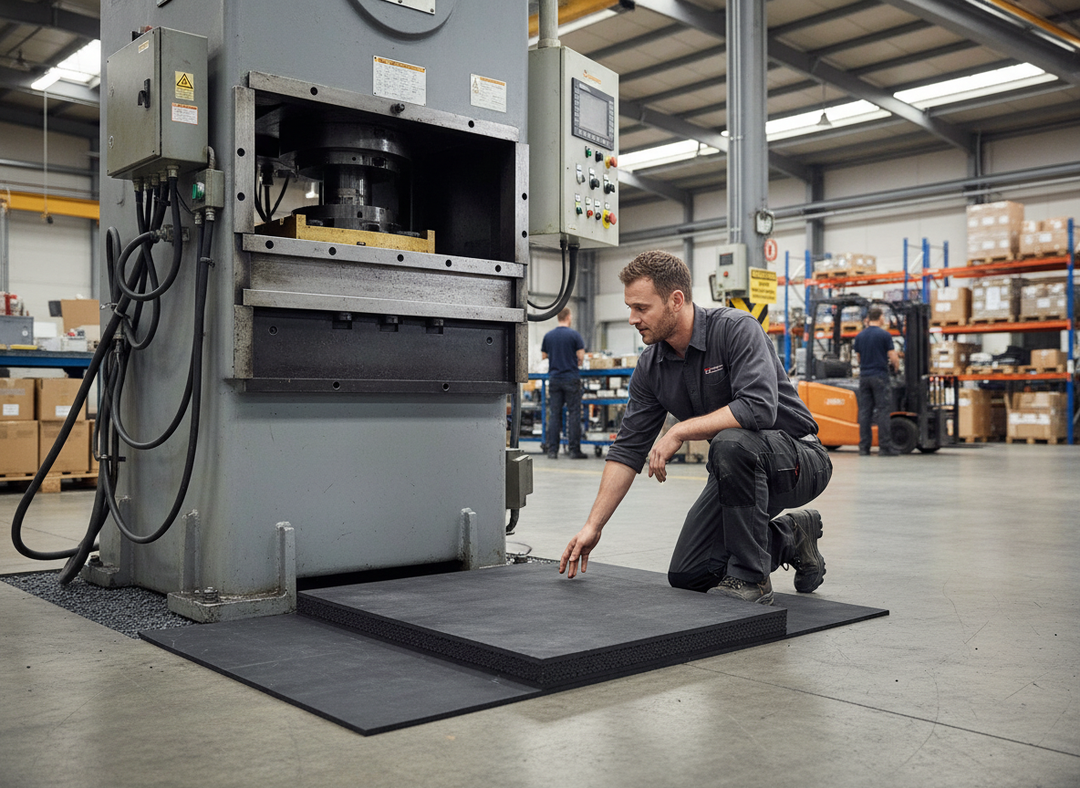 Man installing Premium Heavy Duty Acoustic Underlay 15mm in an industrial setting, ensuring high-performance sound reduction and vibration damping on the factory floor, ideal for noise insulation under carpets and laminate floors.