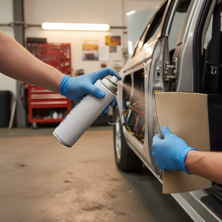 Hands in blue nitrile gloves apply High-Performance 500ml High Temperature Spray Adhesive for Upholstery and Insulation Applications on a car door for soundproofing, showcasing its acoustic and noise reduction capabilities.