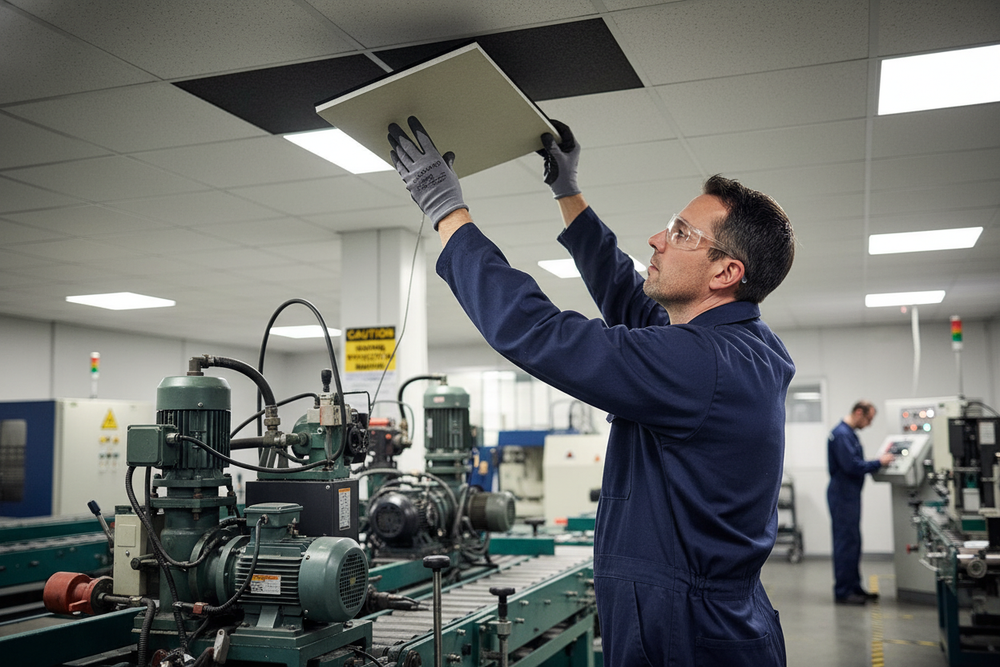 Worker installs Premium Acoustic Tile for Ceiling Sound Reduction 600mm x 600mm, enhancing noise control in industrial settings. Acoustic solution for effective sound insulation and noise reduction, reflecting Sound Deadening UK's expertise.