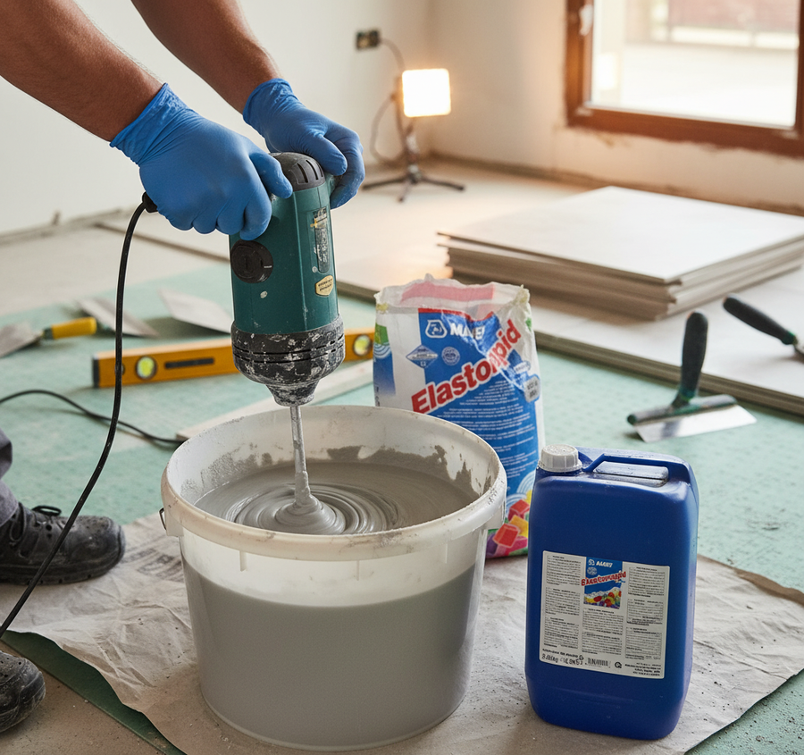 Person mixing Premium Two-Part Cementitious Tile Adhesive with Extended Open Time for Ceramic Tiles and Stone - 25Kg Kit, featuring tools and materials, ideal for soundproof and acoustic installations.