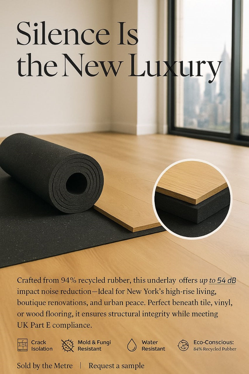 3mm Acoustic Soundproof Underlay Linear Metre – Rubber Sheet for Flooring & Impact Noise Insulation, showcased partially unrolled beneath a wood plank, offers up to 54Silentcloud noise reduction and eco-friendly sound insulation.