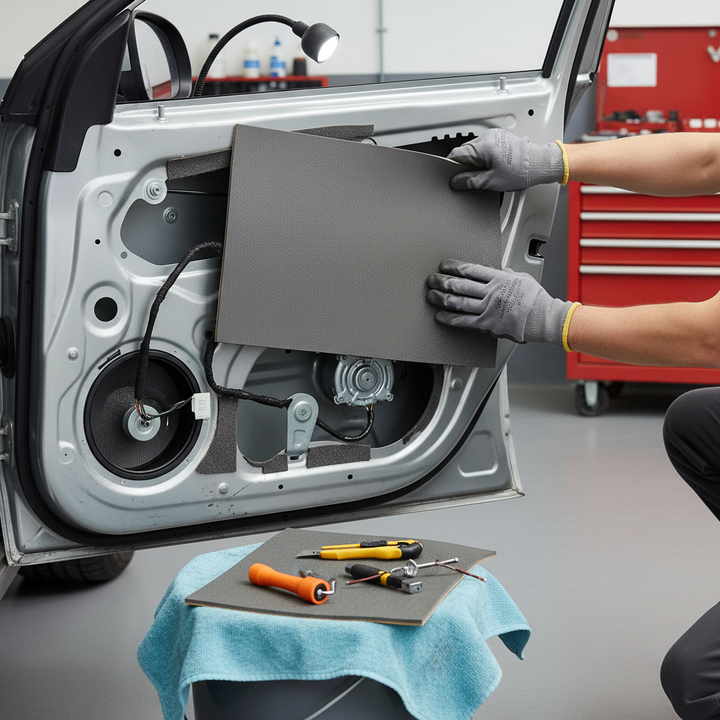 Person fitting Premium Lightweight Thermal Insulation for Vehicles - 8mm Thick Foam, 1.0sq.m Coverage with 5 Sheets on car door frame, surrounded by tools. Ideal for soundproofing, noise reduction, and acoustic insulation.