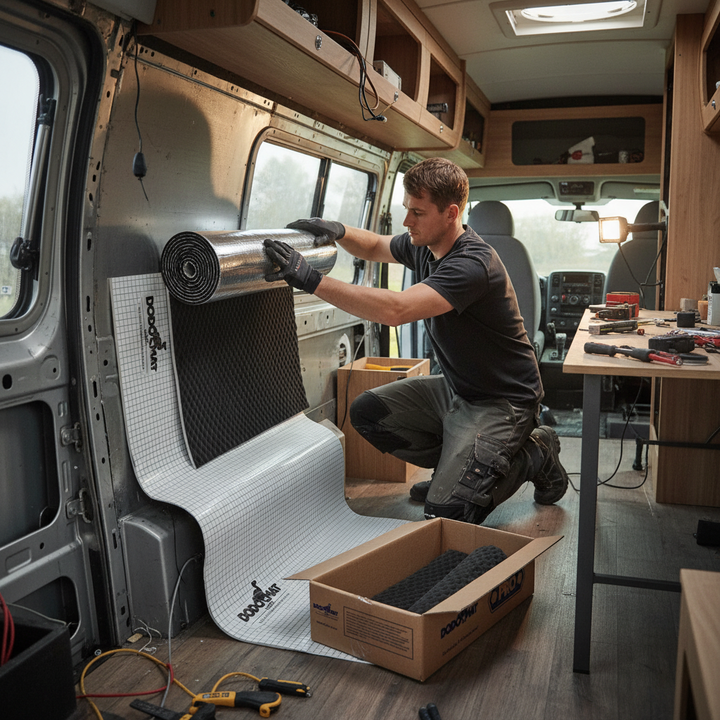 Man installing Premium Campervan Insulation and Sound Deadening Kit with 10mm Liner and 2mm Deadening, featuring soundproof, acoustic, noise reduction, and vibration damping materials for enhanced comfort in a DIY van conversion.