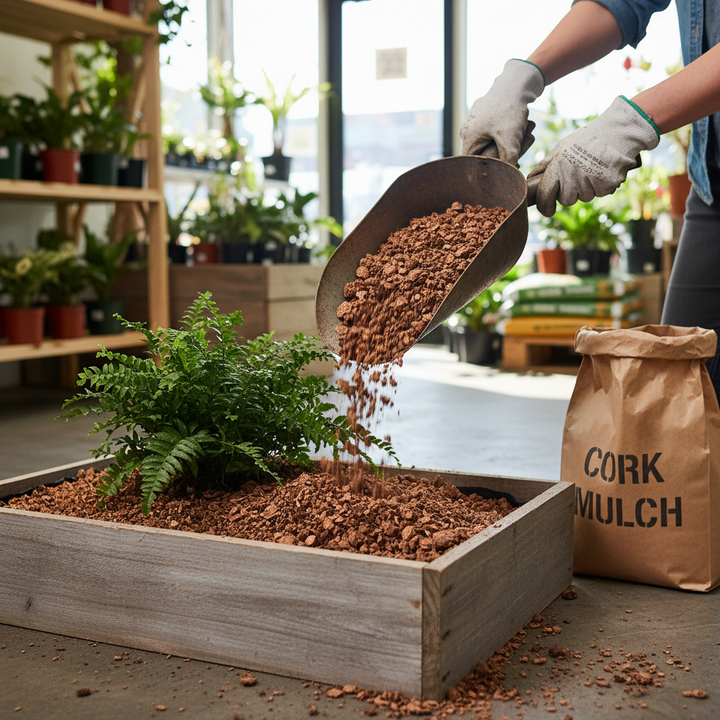 Person wearing gardening gloves pours Premium Cork Granules 12 Litres - 3-35mm Granule Size with Density 150-200kg/m³ into a planter, highlighting its soundproof and acoustic insulation potential for construction and modeling applications.
