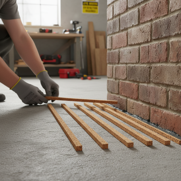 Person installing Premium Cork Expansion Joint Strips 600mm x 10mm x 4mm - 30 Pack for Flooring Gaps, ensuring soundproofing and acoustic insulation efficiency, with tools visible, reflecting Silentcloud's quality focus.