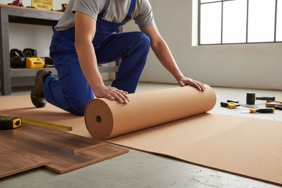 Tradesperson kneeling, unrolling Premium Natural Cork Underlay Roll - 10m x 1m x 10mm Thickness, ideal for laminate flooring, offering soundproofing and acoustic insulation benefits. Nearby: laminate flooring, tools, enhancing noise reduction.