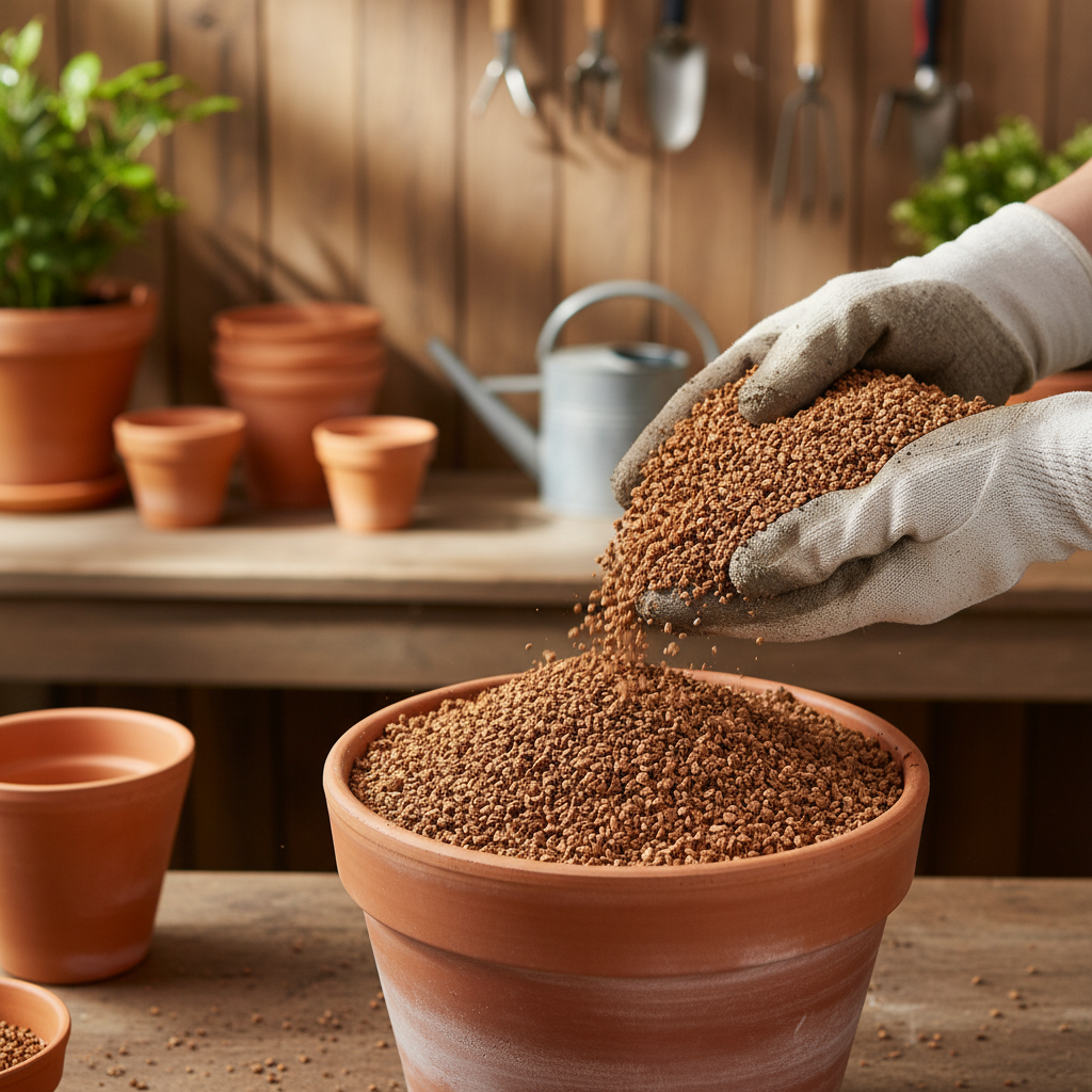 Gardener’s potting bench with gloved hands pouring Premium High-Performance Cork Granules 3-7mm - 3 Litres Volume, Density 65-75kg/m³, ideal for soundproofing and acoustic applications, into a terracotta pot.