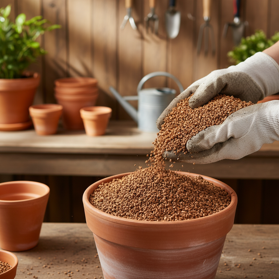 Gardener’s potting bench with gloved hands pouring Premium High-Performance Cork Granules 3-7mm - 3 Litres Volume, Density 65-75kg/m³, ideal for soundproofing and acoustic applications, into a terracotta pot.