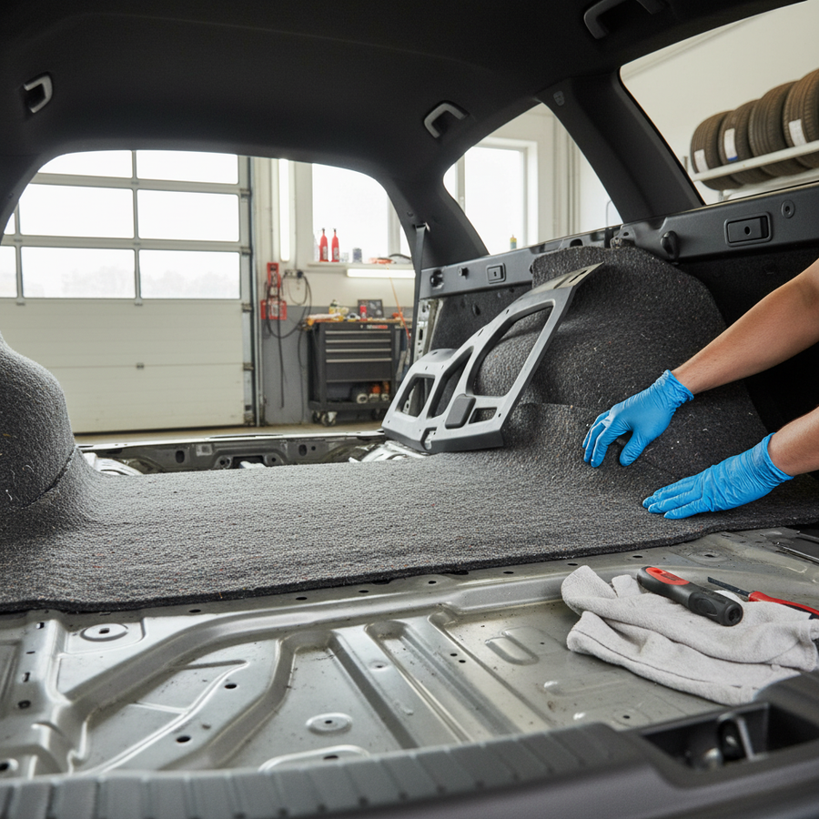 Premium Self-Adhesive Acoustic Felt - 8mm Thickness, 8.0 sq.m Coverage, expertly installed in car's interior for soundproofing and thermal insulation, showcasing its lightweight and flexible material ideal for noise reduction and vibration damping.