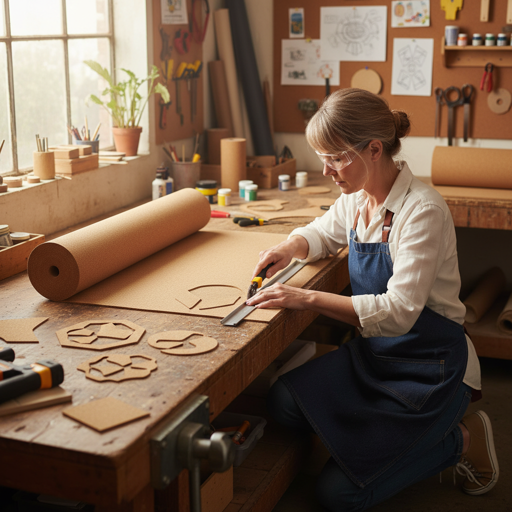Person in denim apron uses Premium Fine Grain Large Cork Roll 5m x 1m - 6mm Thick for Interior Walls and Pin Boards, ideal for soundproofing and acoustic projects, crafting shapes with a utility knife.