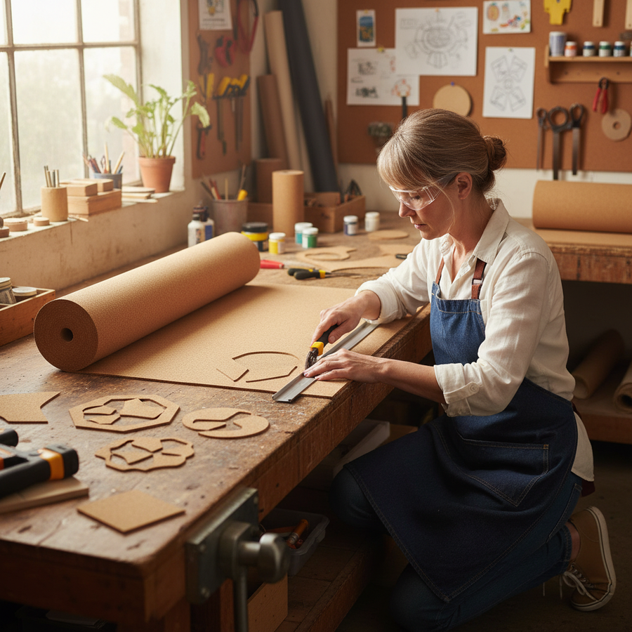 Person in denim apron uses Premium Fine Grain Large Cork Roll 5m x 1m - 6mm Thick for Interior Walls and Pin Boards, ideal for soundproofing and acoustic projects, crafting shapes with a utility knife.