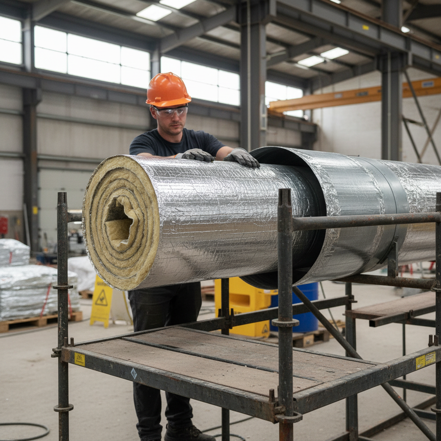 Worker in a workshop handles Premium Lightweight Acoustic Lagging, a soundproof insulation roll for noise reduction in industrial applications, showcasing Sound Deadening UK's expertise in acoustic and vibration damping solutions.