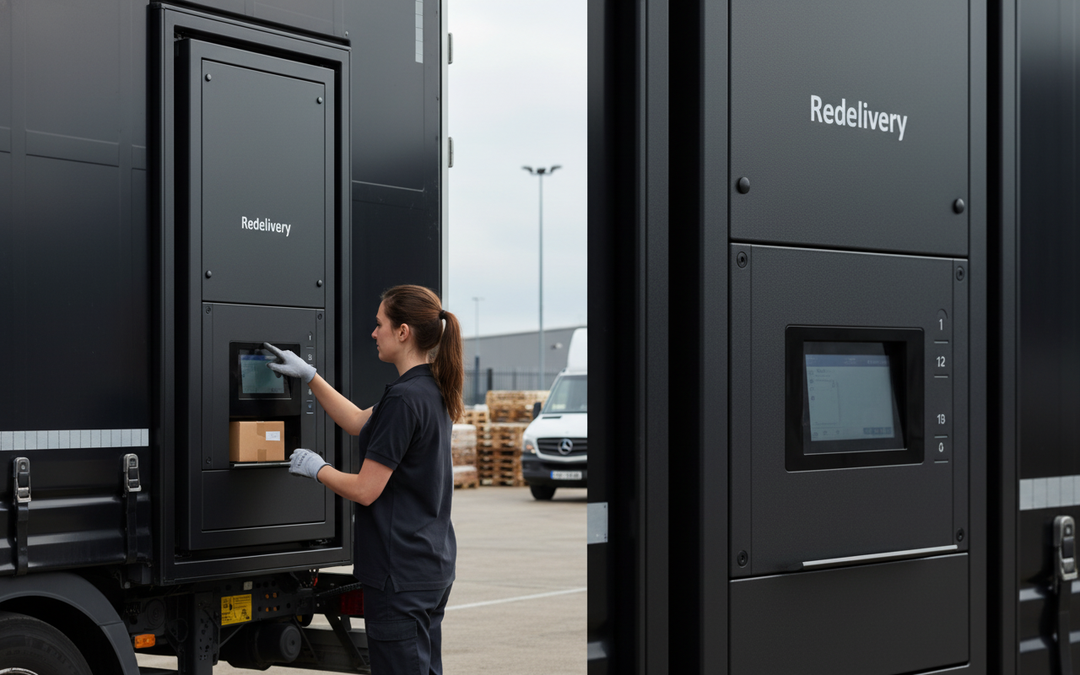 Premium Redelivery Service - Schedule Your Delivery Time Conveniently: A delivery worker utilizes an automated locker system, ensuring secure and flexible redelivery of soundproof and acoustic products for optimal noise reduction and vibration damping.