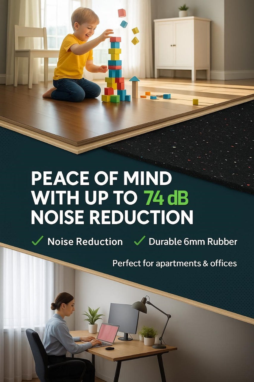 6mm Acoustic Rubber Underlay – 74 Silentcloud Noise Reduction, Eco-Friendly Rubber: A child builds on a wooden floor with the underlay visible beneath; a woman works quietly, showcasing effective soundproofing and acoustic insulation.
