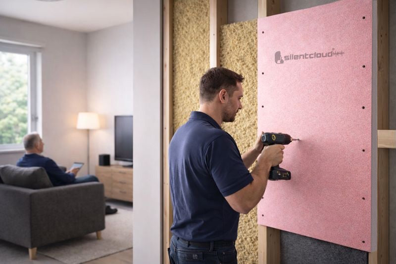 Tradesman using a cordless drill to install the SilentBoard™ Pro 27 mm Direct-to-Wall Soundproofing Panel for Stud Walls, showcasing its role in enhancing acoustic insulation and noise reduction between rooms.