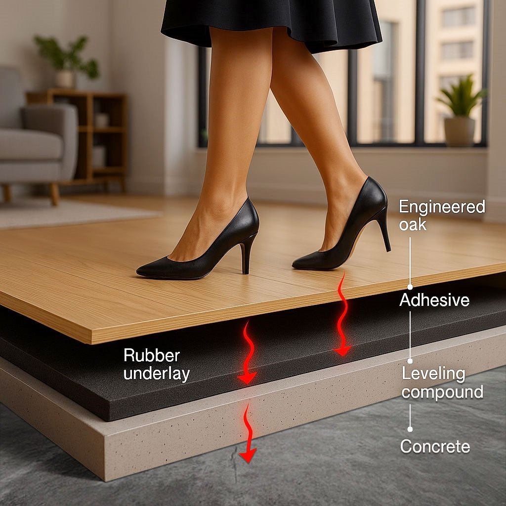 Cross-section diagram of Rubber Acoustic Underlay – Up to 54 dB Impact Noise Insulation 3mm, highlighting engineered oak wear layer, adhesive, acoustic underlay, leveling compound, and concrete subfloor, illustrating soundproofing and vibration damping.