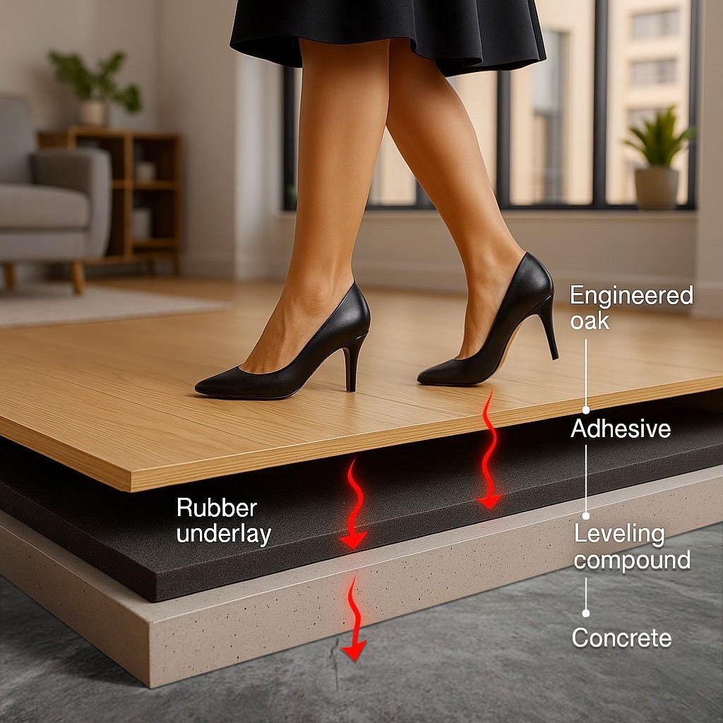 Cut-away illustration of 3mm Recycled Rubber Acoustic Underlay showing layers: engineered oak flooring, adhesive, rubber underlay for noise reduction, leveling compound, and concrete slab, highlighting soundproof and vibration damping qualities.