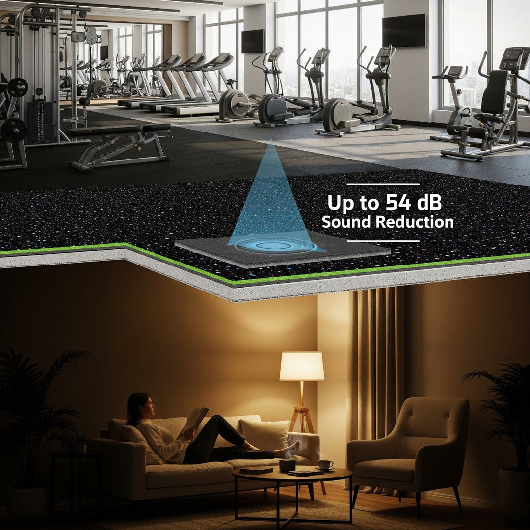 Cross-section showing 3mm Acoustic Soundproof Underlay – Rubber Sheet for Flooring & Impact Noise | Noise Reduction Up to 54Silentcloud beneath gym flooring, highlighting noise reduction and vibration damping features for enhanced acoustic insulation.