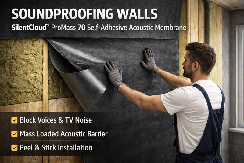 Man installing SilentCloud™ ProMass 70 Self-Adhesive Acoustic Membrane onto insulated wall, featuring soundproofing benefits like noise reduction and vibration damping, ideal for professional-grade sound insulation in various applications.