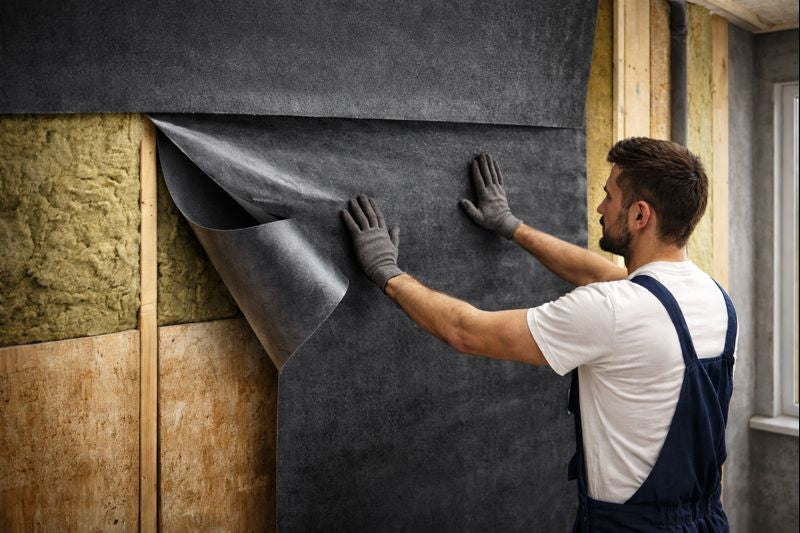 SilentCloud™ ProMass 70 Self-Adhesive Acoustic Membrane 4mm (6.1m² Roll) being installed on a wall, enhancing soundproofing with vibration damping and noise reduction over wood studs and insulation in a renovation scene.