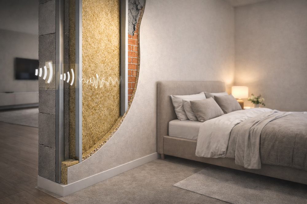 Cut-away view showcasing 100mm Acoustic Mineral Wool Slabs for soundproofing, revealing layers within a wall to illustrate noise reduction and vibration damping, ideal for professional acoustic insulation.