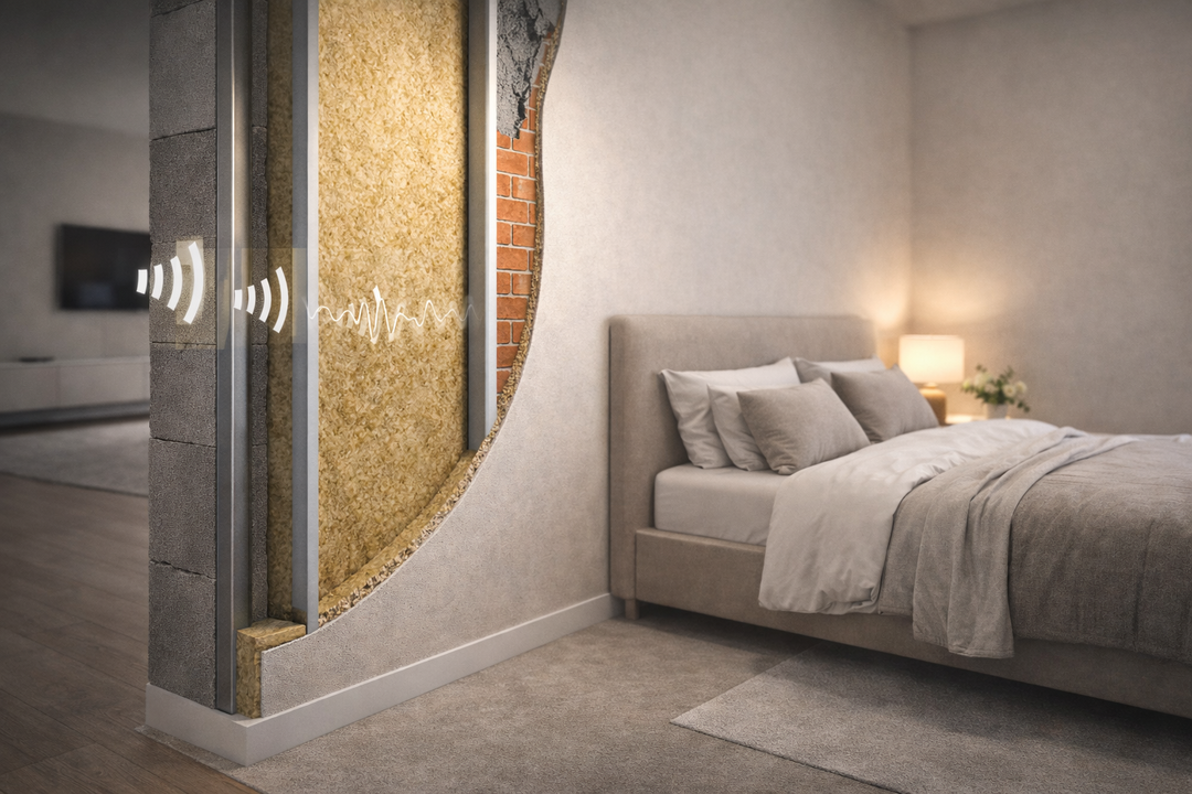 Cut-away view showcasing SilentCloud™ 100mm Acoustic Mineral Wool Slabs (60 kg/m³) within a wall, revealing layers to illustrate noise reduction and vibration damping, ideal for professional acoustic insulation.