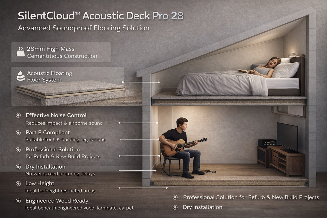 SilentCloud™ Acoustic Deck Pro 28 – High-Mass Cementitious Floating Floor Soundproofing System displayed in a two-story cutaway, illustrating soundproofing between a bedroom and a living area with guitar and TV.