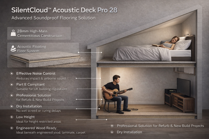 SilentCloud™ Acoustic Deck Pro 28 – High-Mass Cementitious Floating Floor Soundproofing System displayed in a two-story cutaway, illustrating soundproofing between a bedroom and a living area with guitar and TV.
