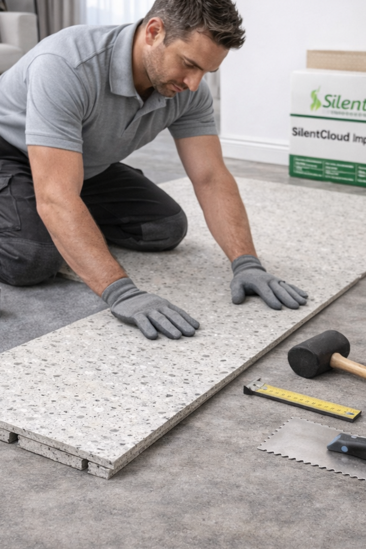 Tradesman installing SilentScreed® Panel 22, a high-performance acoustic cement overlay board, over a subfloor with tools nearby. Ideal for soundproofing and noise reduction in various construction settings.
