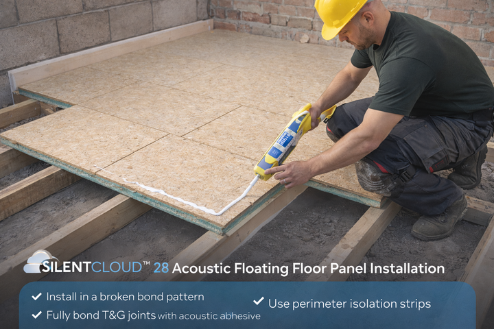 SilentCloud™ 28 Acoustic Floating Floor Panel installation demonstrates soundproofing over timber joists. Tradesperson applies acoustic adhesive with precision, ensuring optimal noise reduction and vibration damping for superior sound insulation.