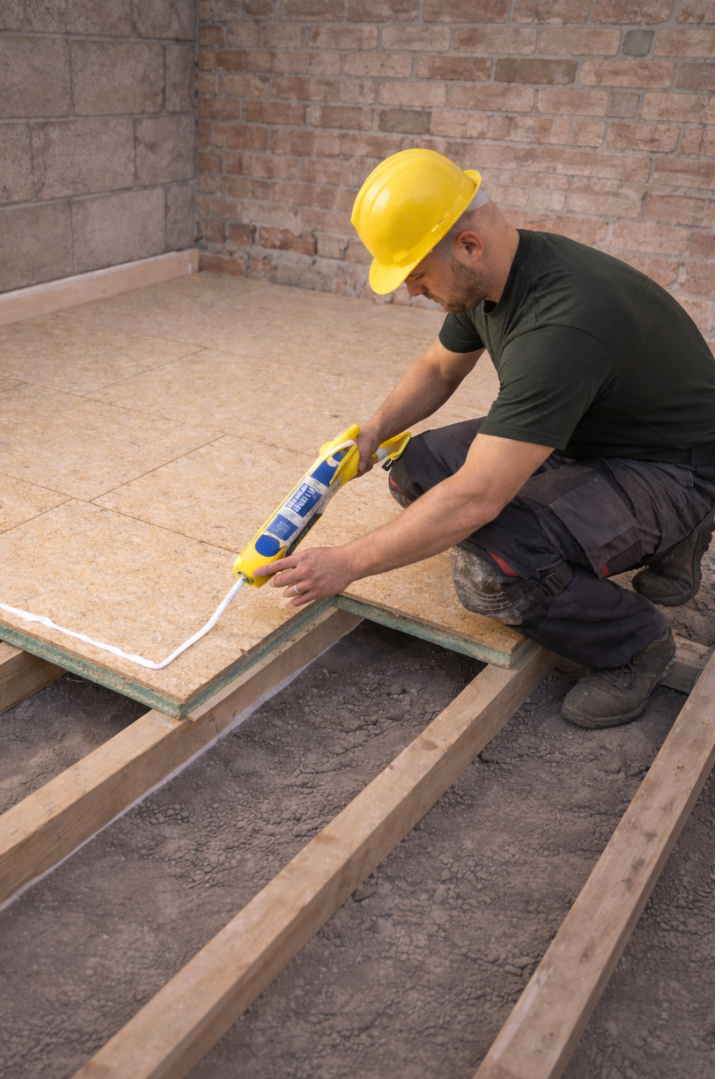 Worker using a caulking gun applies adhesive on an OSB subfloor for installing SilentCloud™ 28 Acoustic Floating Floor Panel, enhancing soundproofing and noise reduction in construction.