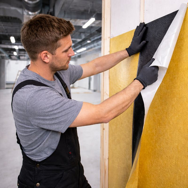Installer applies SilentCloud ProMass 50 self-adhesive acoustic membrane (2.6 mm, 5 kg/m²) onto a wall, demonstrating high-density soundproofing installation.