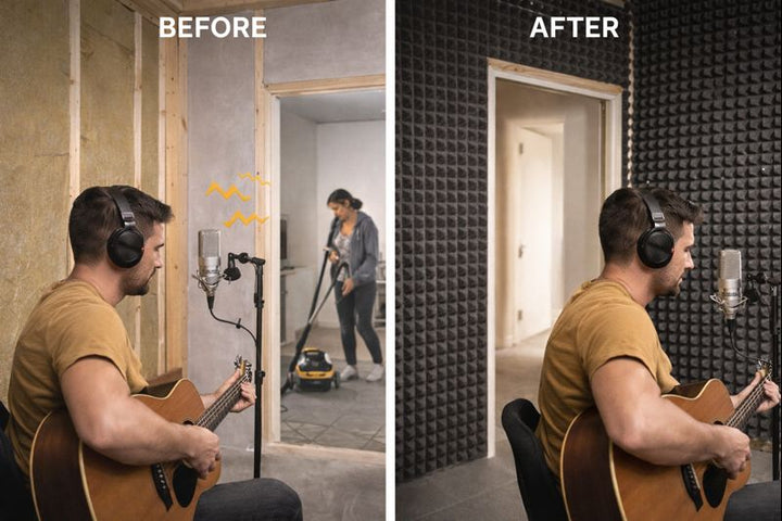 Before/after image showing a home studio using 2.6 mm Self-Adhesive Acoustic Membrane | 5 kg/m² High-Density Soundproofing for Walls & Ceilings, illustrating its soundproofing and noise reduction effectiveness.