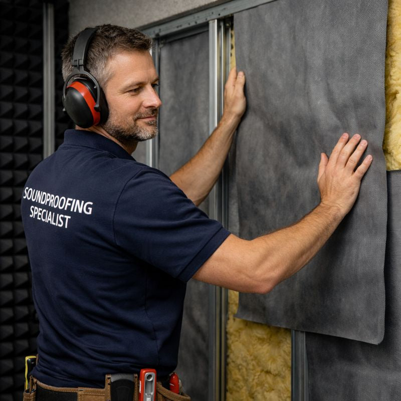 Tradesman fitting SilentCloud® ProMass 50 acoustic membrane into metal stud frame, wearing ear protection. Nearby, acoustic foam tiles highlight soundproofing installation. Ideal for noise reduction and vibration damping.