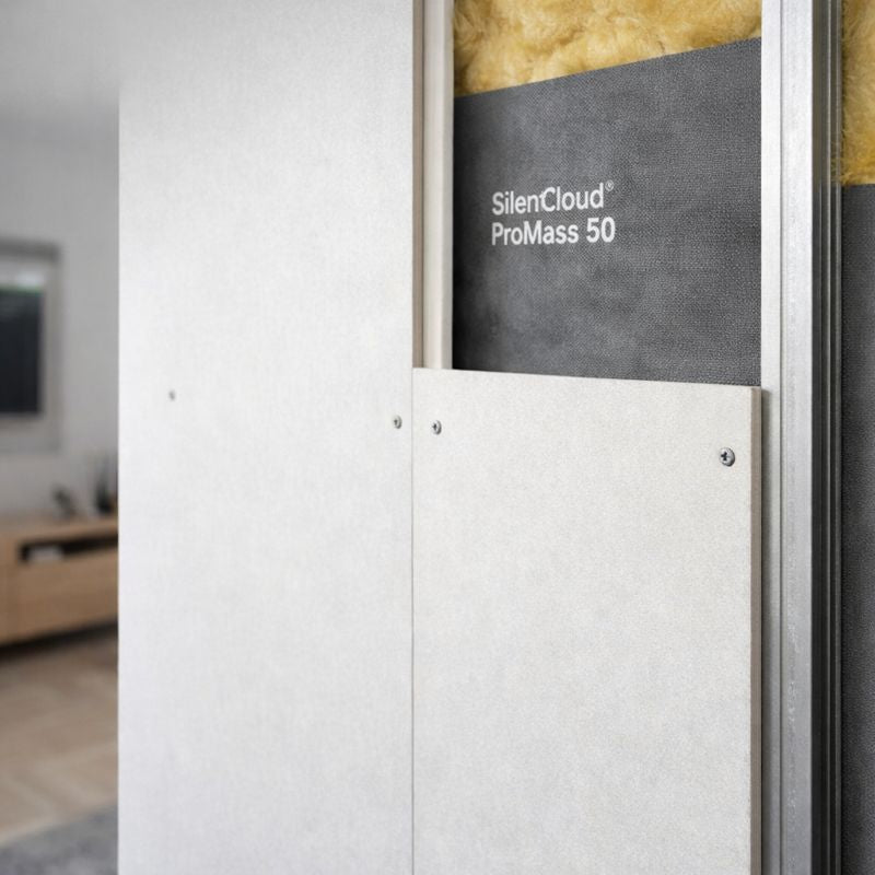 SilentCloud® ProMass 50 acoustic membrane in a stud-wall assembly with mineral wool and drywall, illustrating soundproofing and vibration damping for noise reduction and sound insulation in construction.
