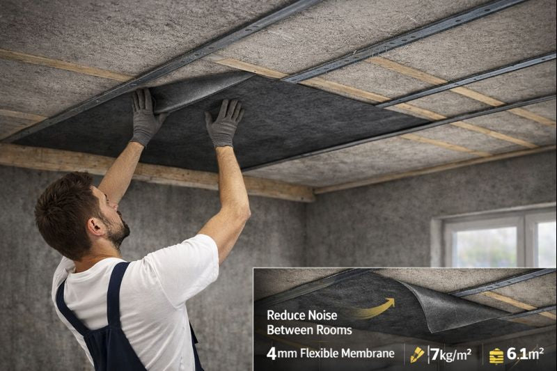 Tradesman installing SilentCloud™ ProMass 70 Self-Adhesive Acoustic Membrane 4mm (6.1m² Roll), demonstrating noise reduction and sound insulation by fitting the dense, flexible sheet between ceiling battens for effective acoustic performance.