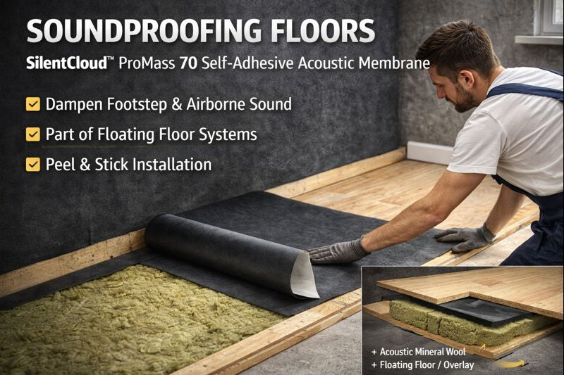 SilentCloud™ ProMass 70 Self-Adhesive Acoustic Membrane, 4mm (6.1m² Roll), depicted with a tradesman installing a dark grey, soundproof membrane over mineral wool, highlighting noise reduction, and vibration damping.