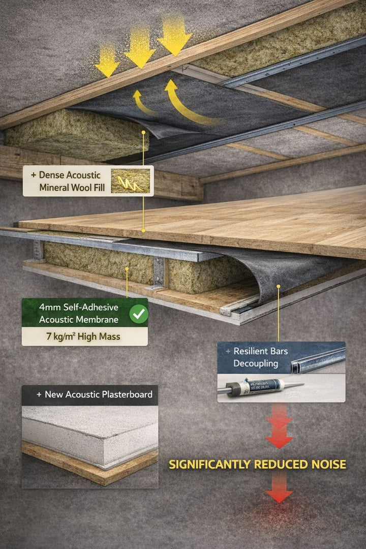 Cut-away illustration of Professional 4mm Self-Adhesive Acoustic Barrier – 7 kg/m² High-Mass Soundproofing Membrane, showing layered soundproof design for effective noise reduction and vibration damping in ceiling systems.