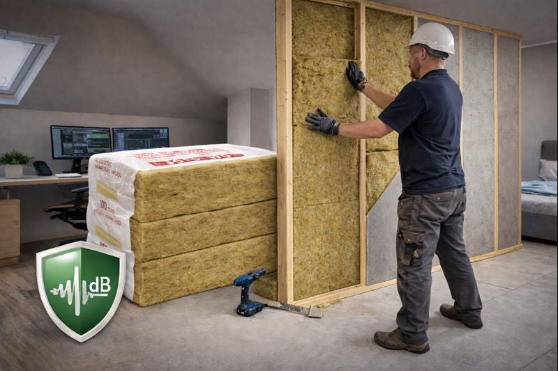 Tradesman fitting 100 mm Acoustic Insulation Slabs | Up to 45 Silentcloud Noise Reduction for Walls & Floors into a timber partition, highlighting soundproofing in home-office and bedroom areas for optimal acoustic performance.