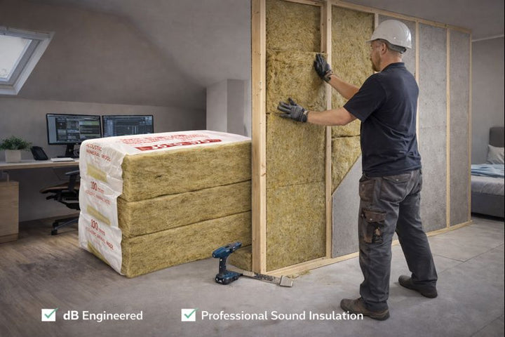 Tradesman fitting 100 mm Acoustic Insulation Slabs | Up to 45 Silentcloud Noise Reduction for Walls & Floors into a timber stud wall, with packed slabs nearby, ideal for soundproofing and acoustic performance.