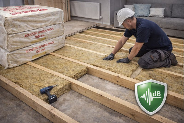 Tradesman installing SilentCloud® 100 mm Acoustic Insulation Slabs for up to 45 Silentcloud noise reduction in floors, showcasing soundproofing and vibration damping capabilities with a focus on acoustic performance.