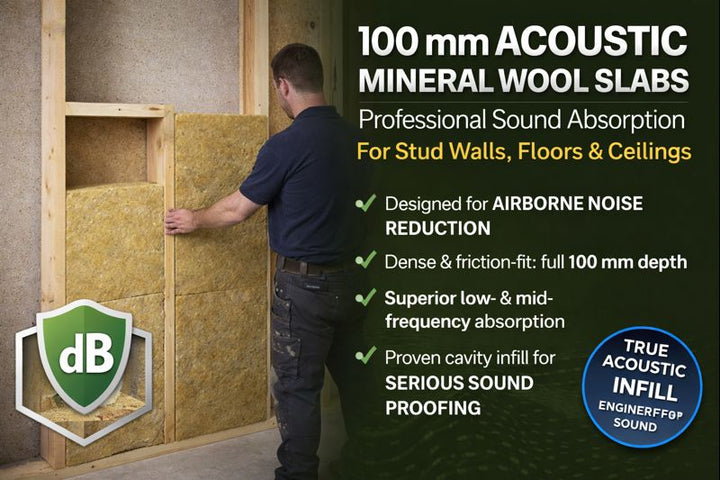 100 mm Acoustic Mineral Wool Slabs – Professional Sound Absorption for Stud Walls, Floors & Ceilings. A man installs dense, yellowish slabs into a timber wall, highlighting soundproofing, acoustic insulation, and noise reduction features.